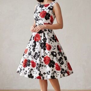 New Light Retro Floral A-Line Midi Dress White Red Black Rose Print Fit Flare XL